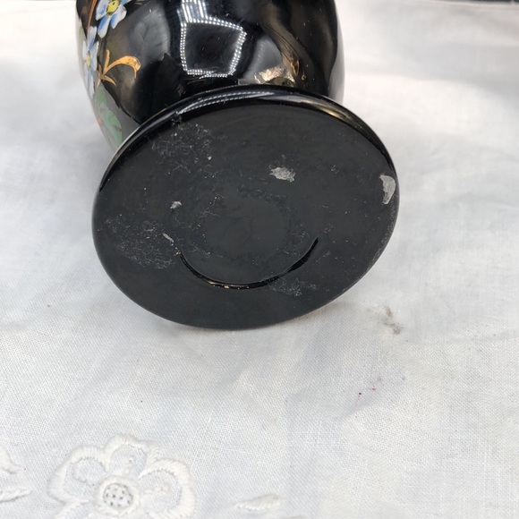 Vintage Black Art Glass Hand Painted Enamel Decoration Large Egg Cup/ Small Vase - Picture 4 of 5